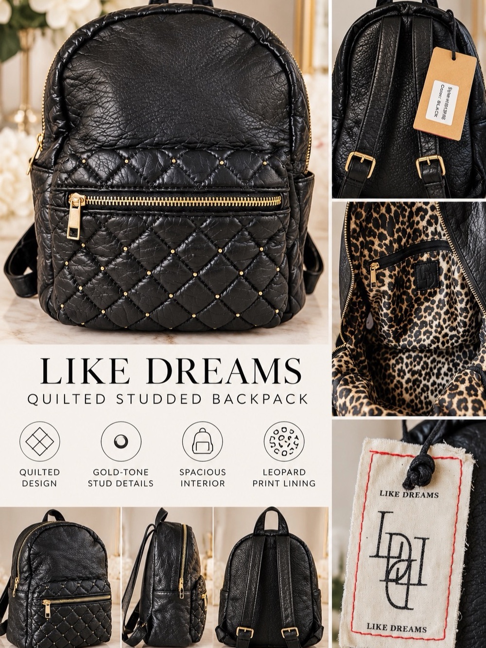 Like Dreams Black Quilted Studded Backpack Gold Hardware NWT